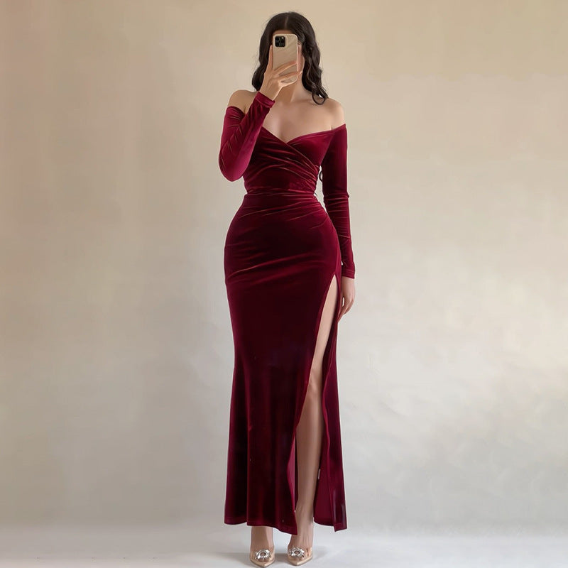 Elegant Women's Velvet Off Shoulder Evening Gown - Nocini