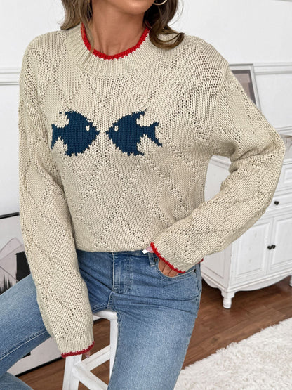 Colorful Fish Print Cozy Knit Sweater