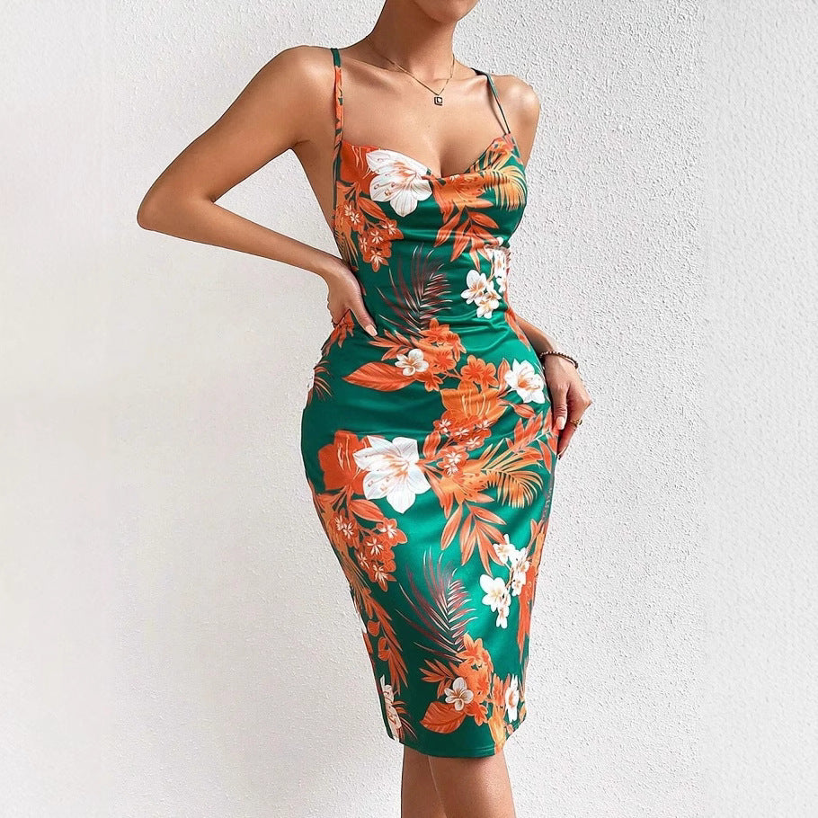 Women's Floral Midi Dress with Thin Straps and Side Slit - Nocini