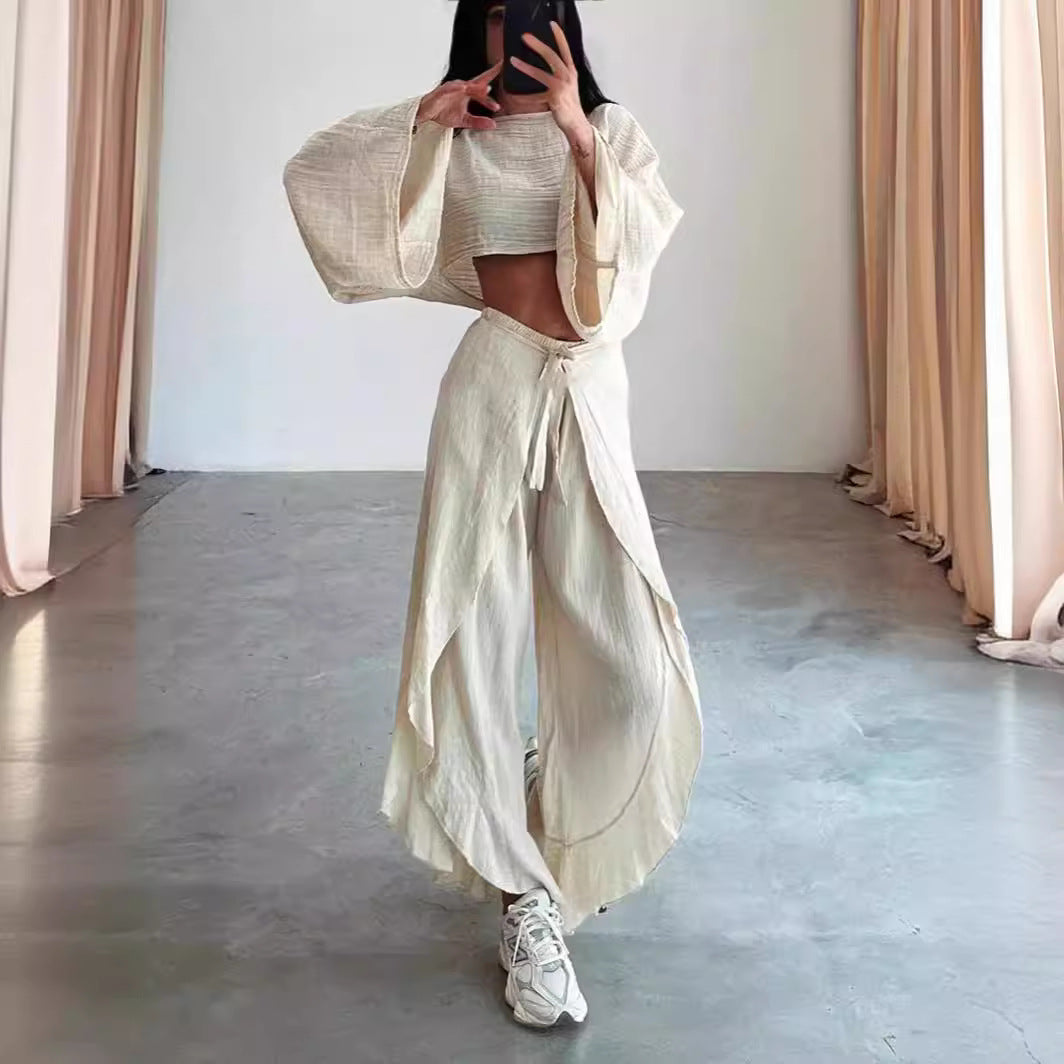 Ladies Summer 2 Piece Linen Outfit with Ruffles - Nocini
