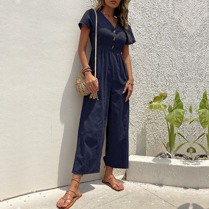 Ladies Linen Pantsuit - Casual Fit - Short Sleeve