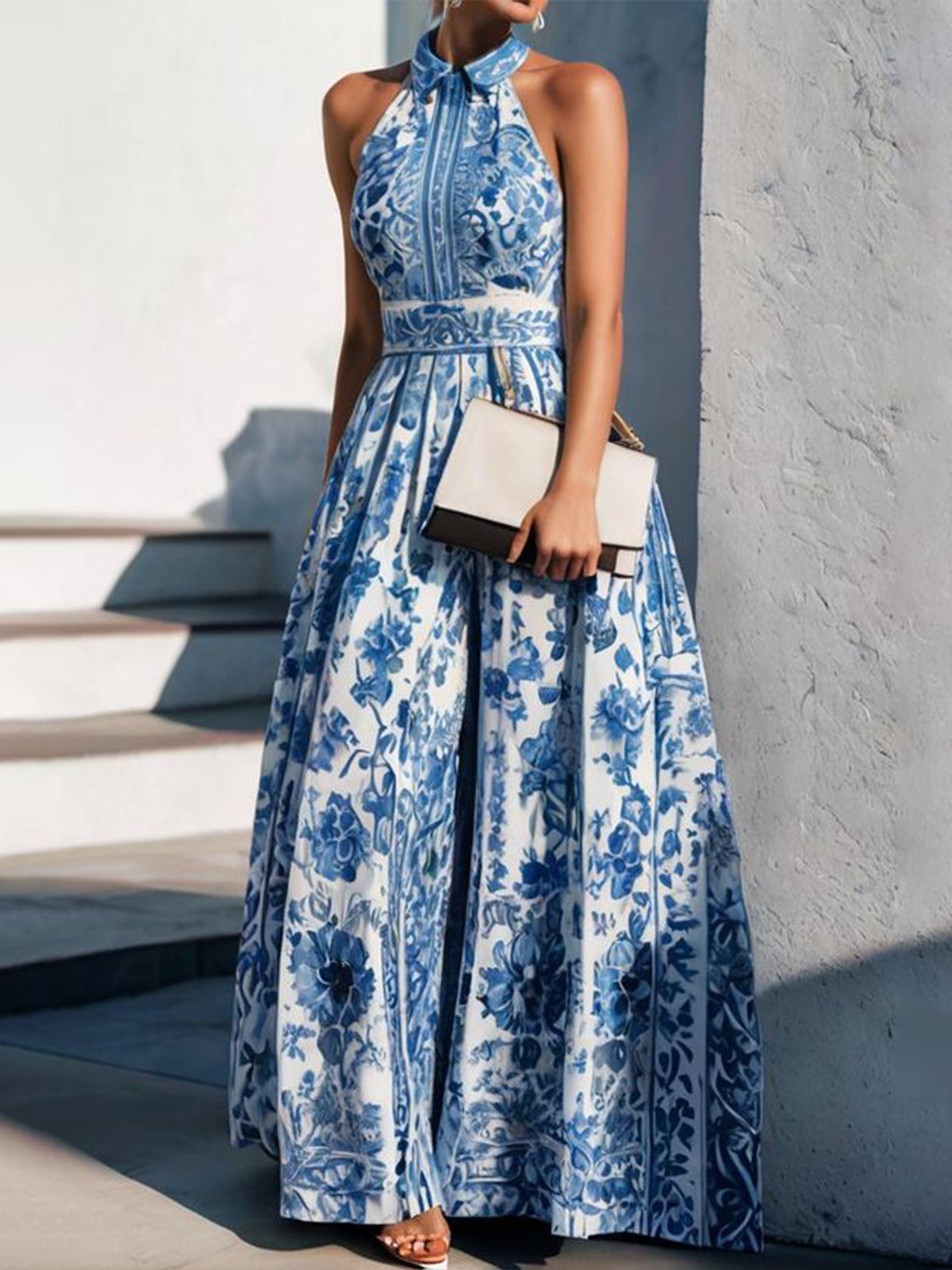 Women's Maxi Dress - Flowy Halter Neck Summer Print - Nocini
