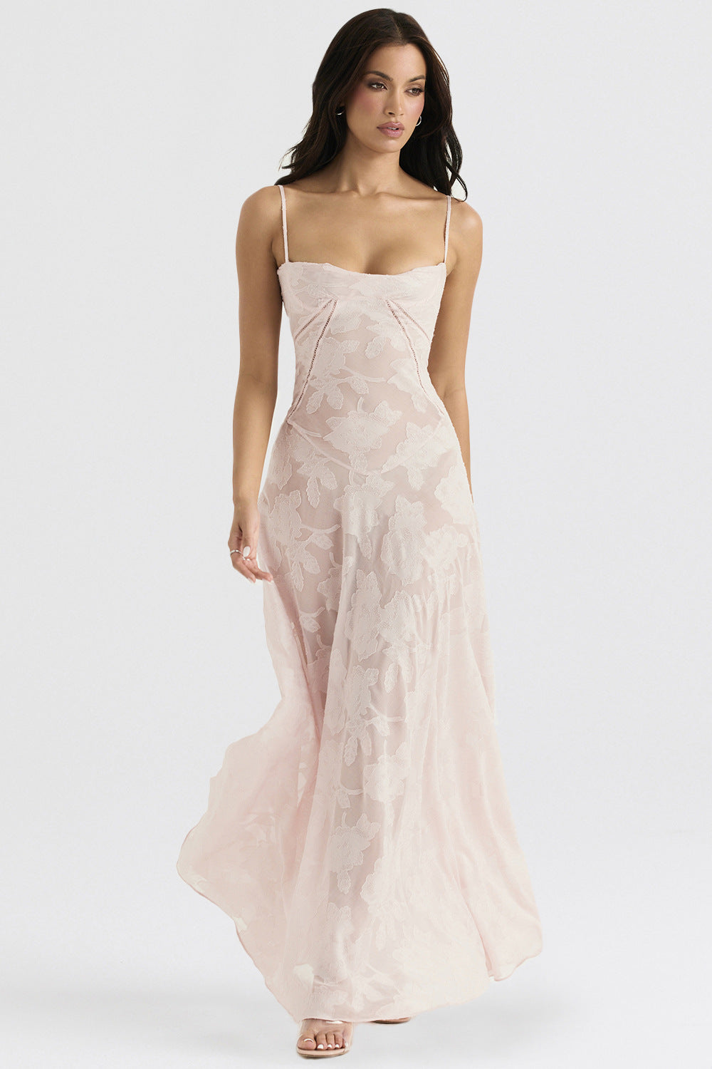 Feminine Midi Dress with Thin Straps and Flowy Silk Fabric