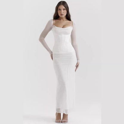 Chic Ankle Length Dress with Mesh Sleeves