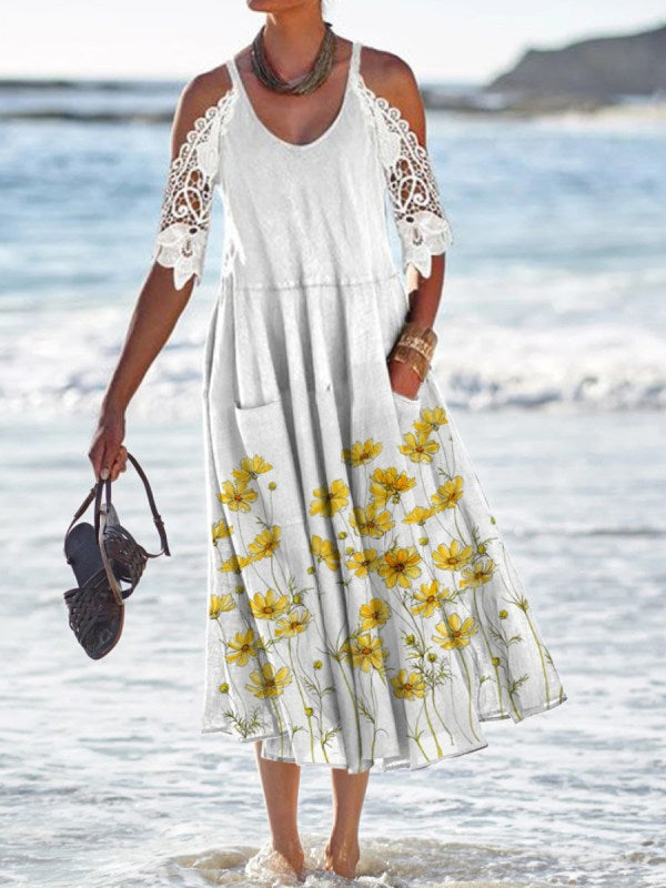 Relaxed Fit Women's Maxi Dress with Lace Details - Nocini