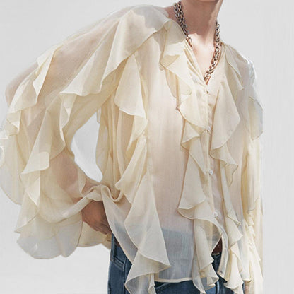 Relaxed Fit V-Neck Women's Blouse with Ruffles
