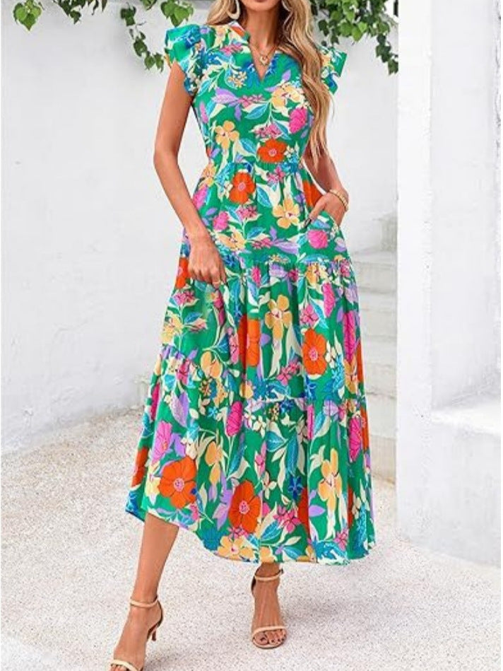 Casual V-Neck Floral Print Dress for Women