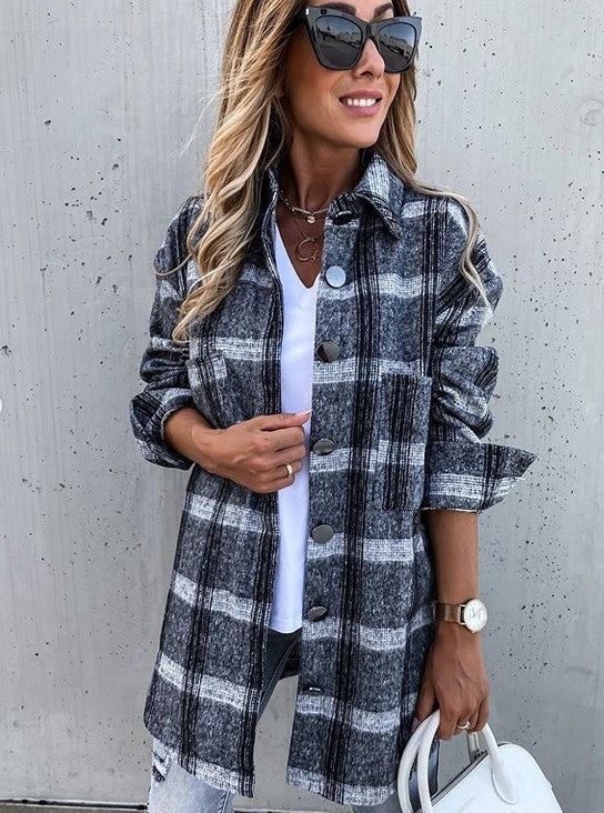 Classic Checked Wool Blend Mid Length Coat