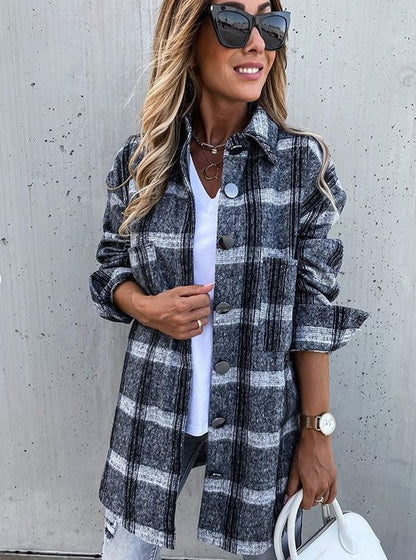 Classic Checked Wool Blend Mid Length Coat