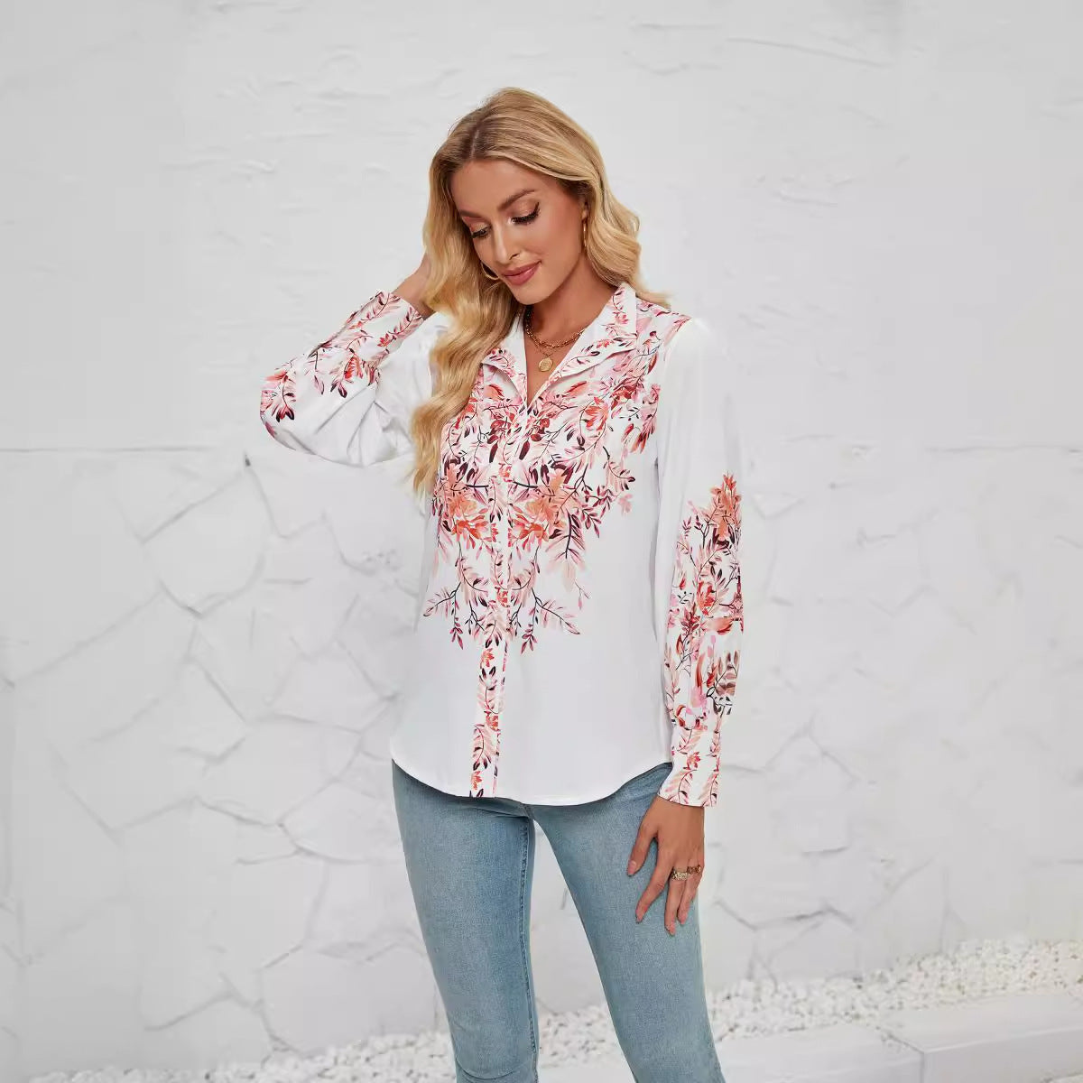 Casual Floral Women's Blouse Long Sleeve Button Top