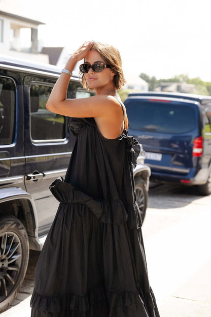 Loose Fit Women's Maxi Dress with Ruffled Neckline