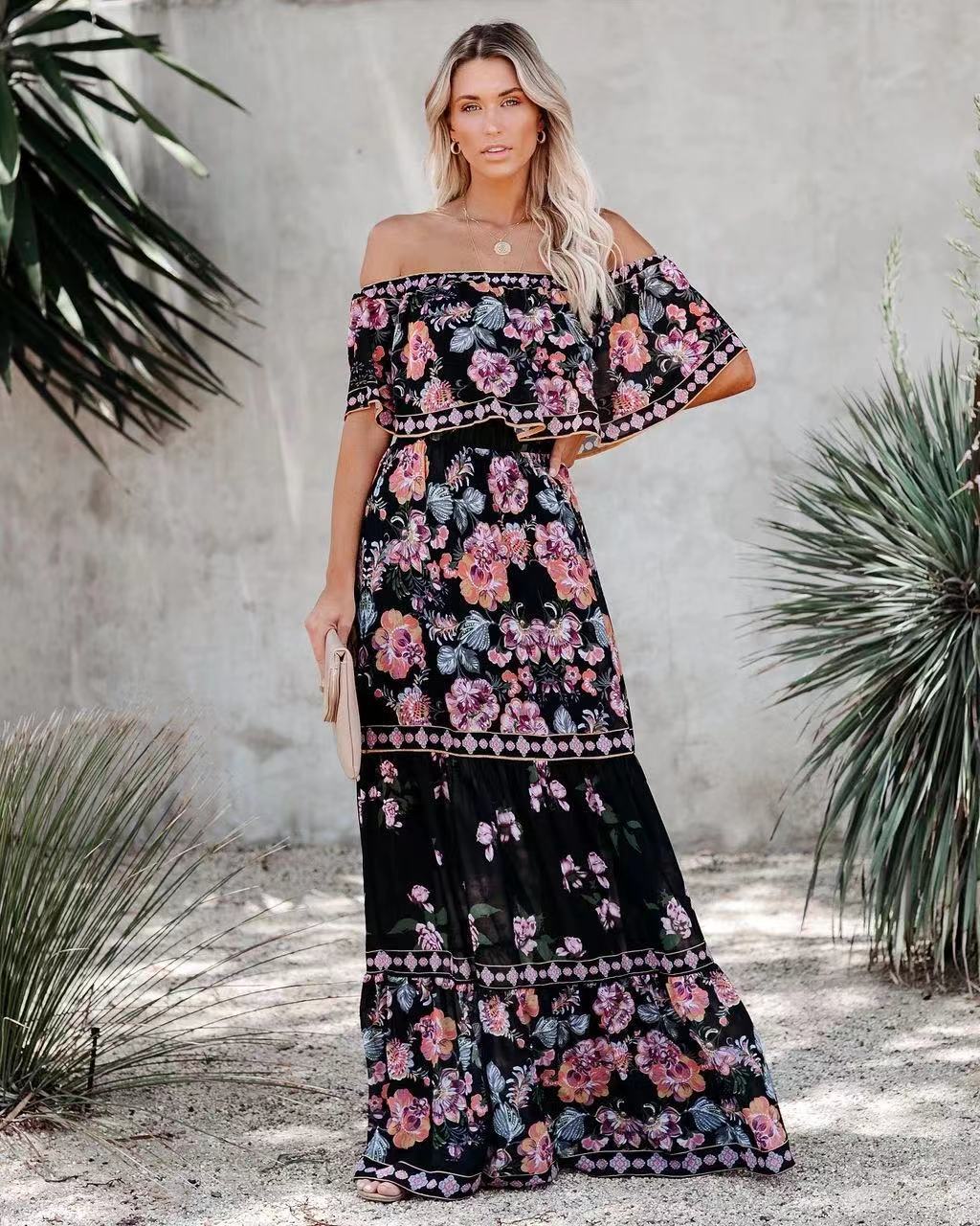 Women's Long Floral Maxi Dress with Elastic Waist
