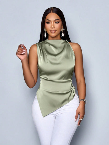 Women's Chic Tank Top - Fitted - High Neckline - Satin Finish