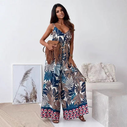 Women's Flowy Wide Leg Jumpsuit with V-Neck Strap