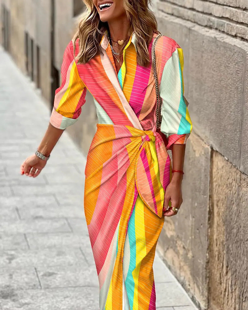 Casual V Neck Sundress with Collar