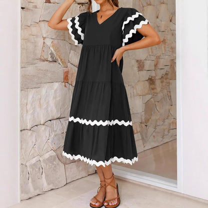 Casual V Neck Ruffle Sleeve Summer Dress