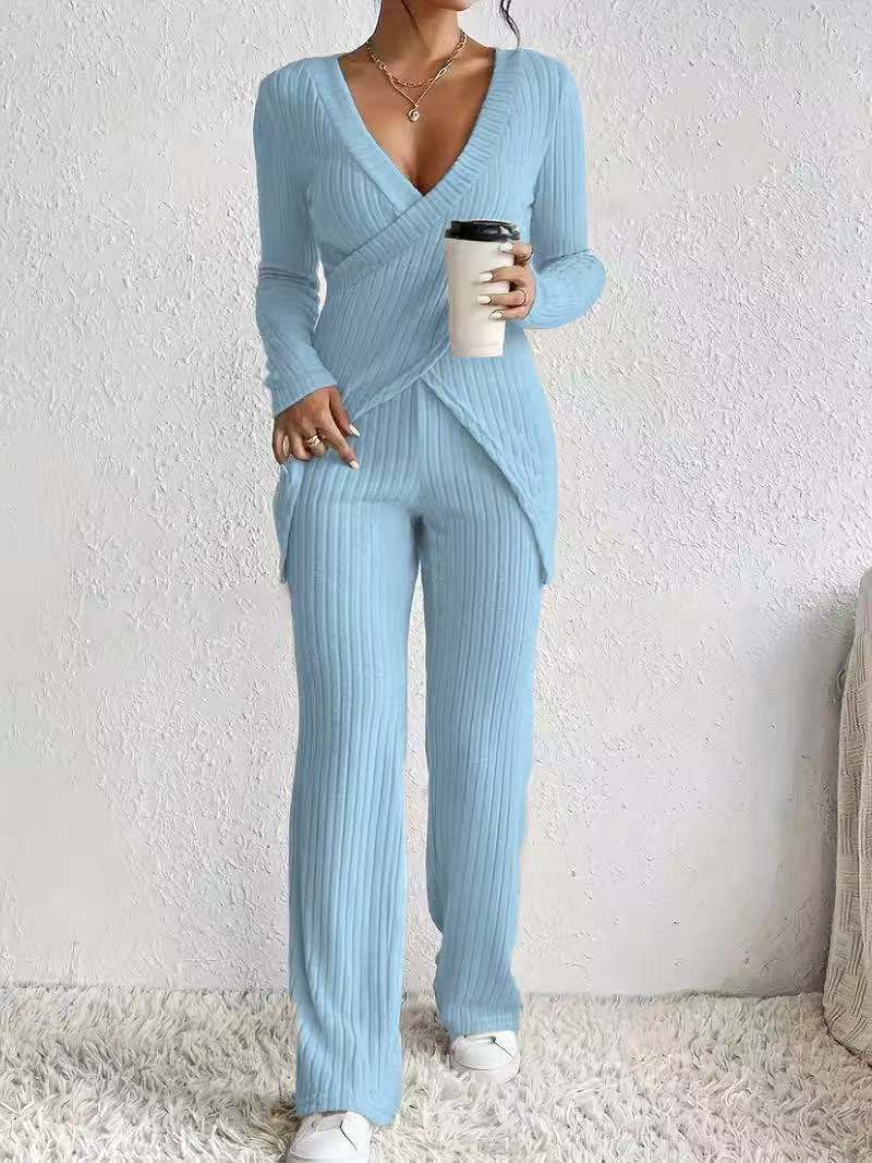 Soft Ribbed Women's Top and Wide Leg Pants Set