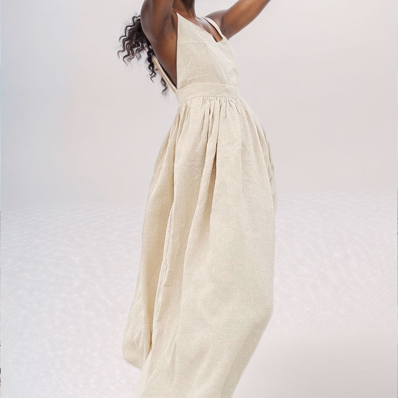 Casual V-Neck Midi Dress with Open Back Detail