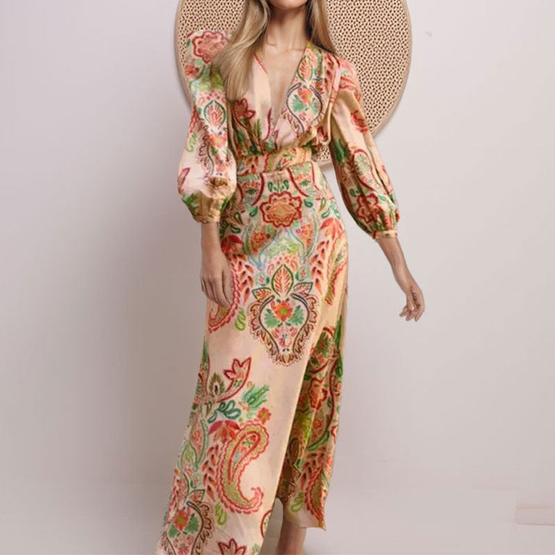 Women's Elegant V-Neck A-Line Dress with Long Sleeves