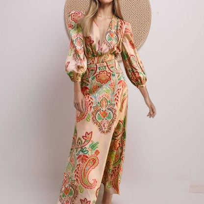 Women's Elegant V-Neck A-Line Dress with Long Sleeves