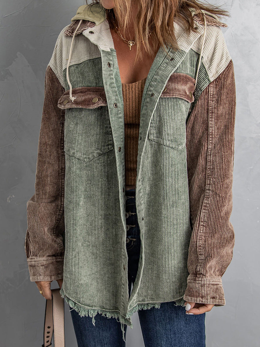 Relaxed Fit Corduroy Hooded Women's Coat