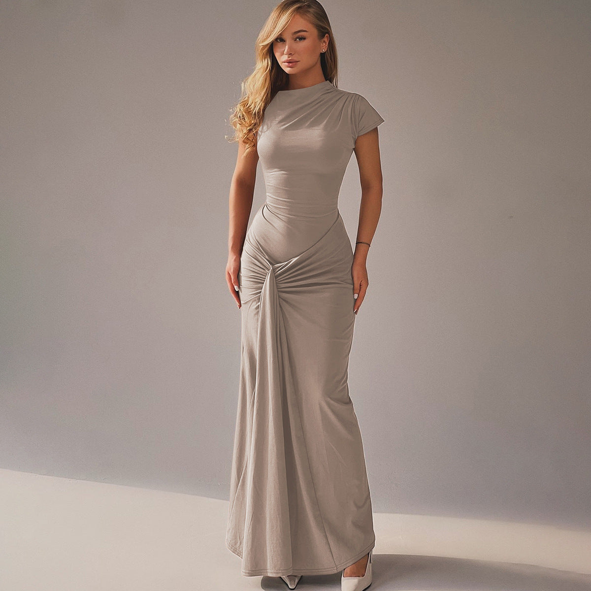 Women's Classic Maxi Dress with Flared Waist and Cap Sleeves