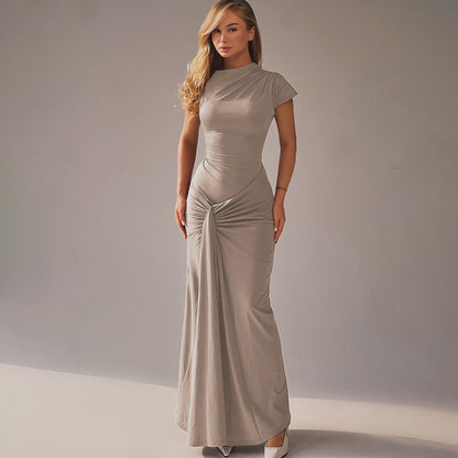 Women's Classic Maxi Dress with Flared Waist and Cap Sleeves