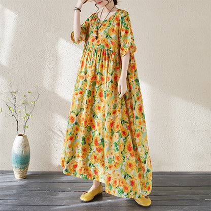 Comfy Floral V Neck Maxi Dress for Women