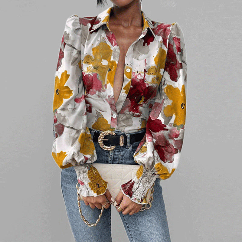 Loose Fit Floral Ruffle Sleeve Women's Top - Nocini
