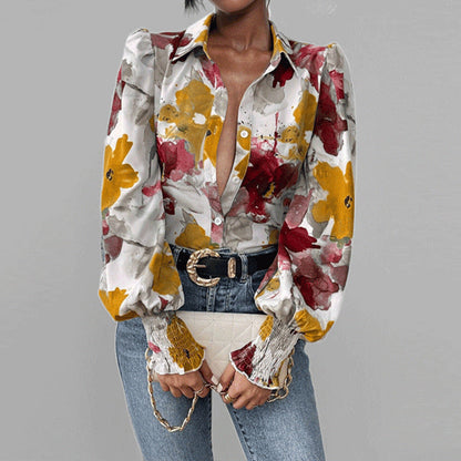 Loose Fit Floral Ruffle Sleeve Women's Top - Nocini