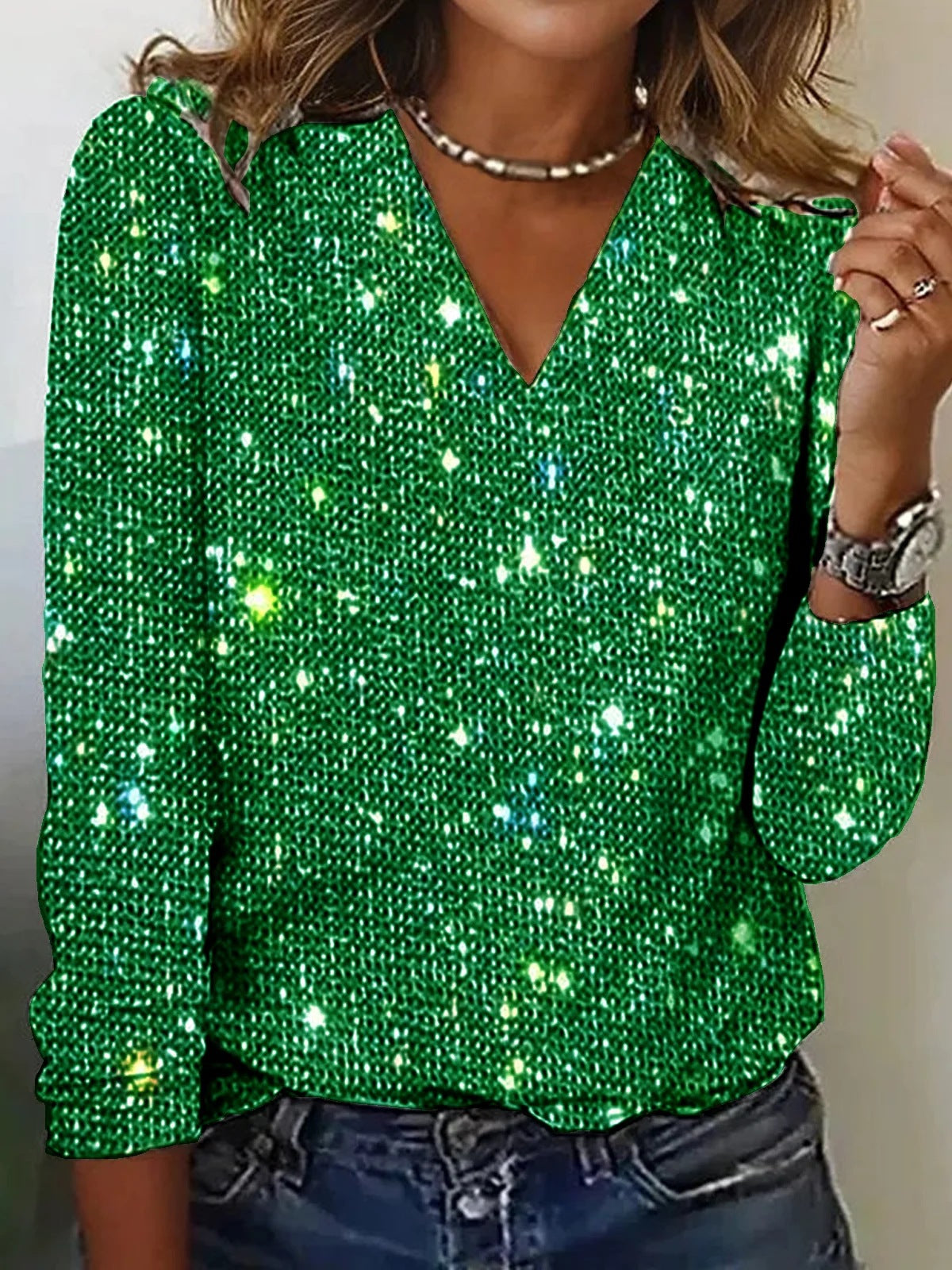 Sparkly V-Neck Long Sleeve Knit Top