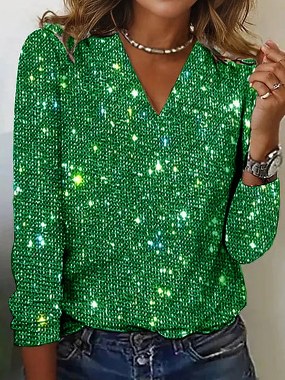 Sparkly V-Neck Long Sleeve Knit Top