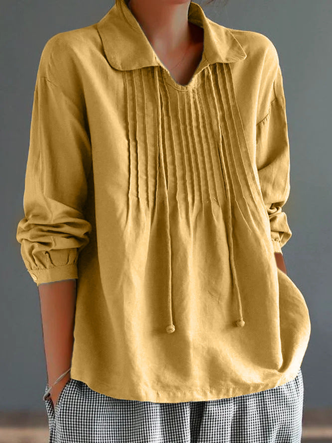 Casual Loose Fit Cotton Blouse with Pleats