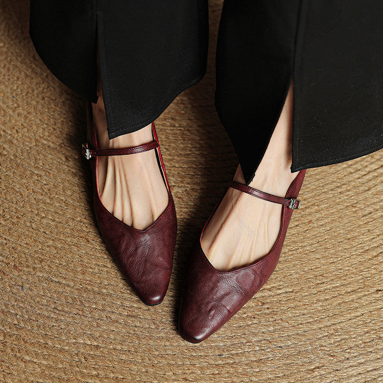 Ladies Slim Pointed-Toe Slip-On Shoes with Buckle Strap