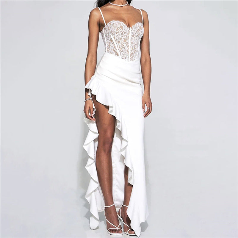 Elegant Women's Maxi Dress with Lace Trim and Adjustable Straps - Nocini
