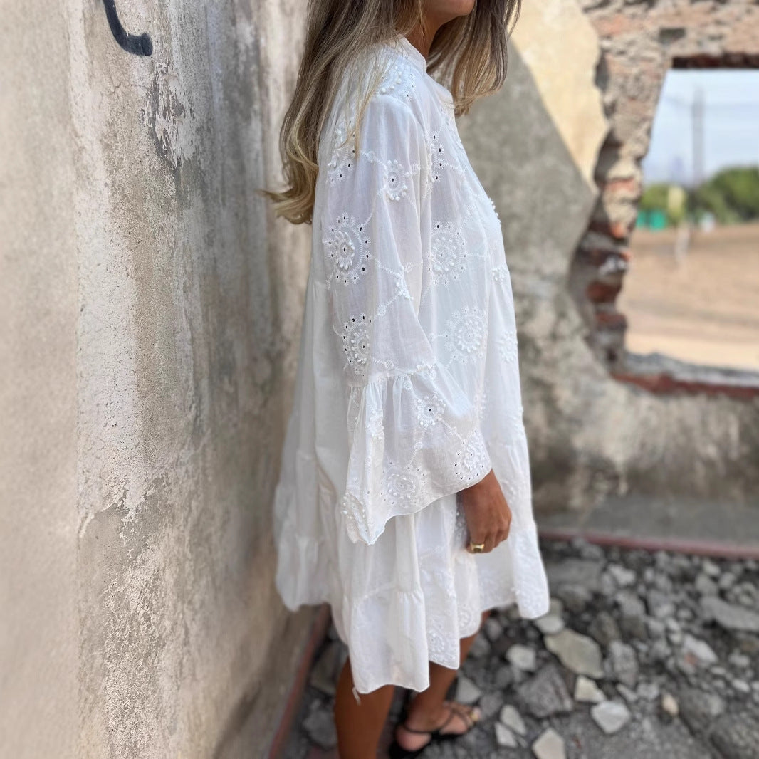 Casual V-Neck Embroidered Summer Dress - Nocini
