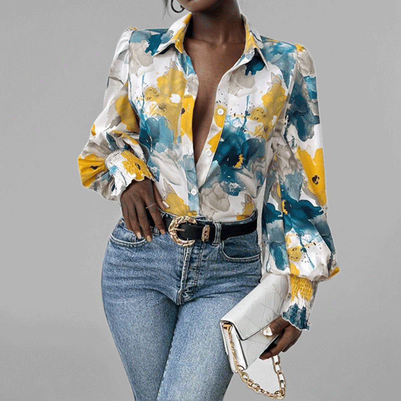 Loose Fit Floral Ruffle Sleeve Women's Top