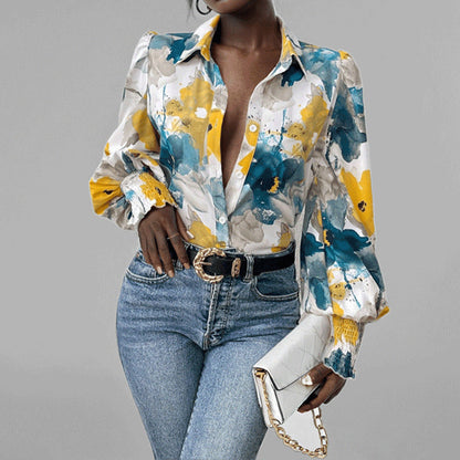Loose Fit Floral Ruffle Sleeve Women's Top