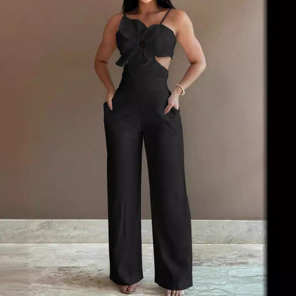 Loose Fit Wide Leg Women's Jumpsuit with Open Back