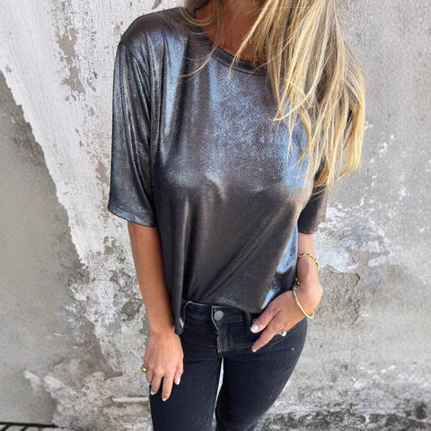 Ladies Loose Fit Satin Blouse Short Sleeve