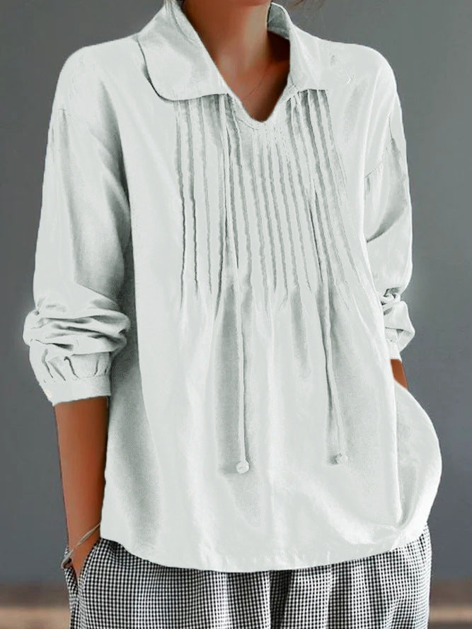 Casual Loose Fit Cotton Blouse with Pleats