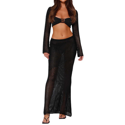 Women's Soft Knit Skirt Outfit - Fitted Long Sleeve Top Set