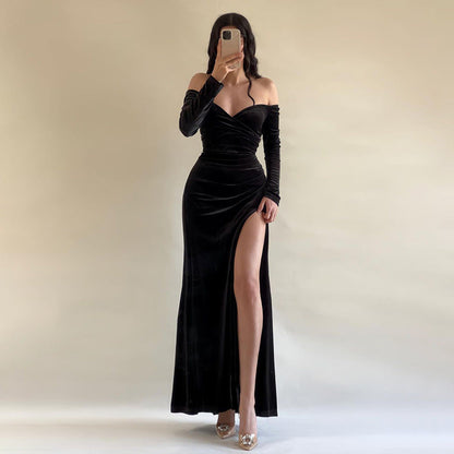 Elegant Women's Velvet Off Shoulder Evening Gown