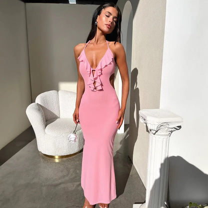 Long Sleeve Maxi Dress with V Neck and Ruffles