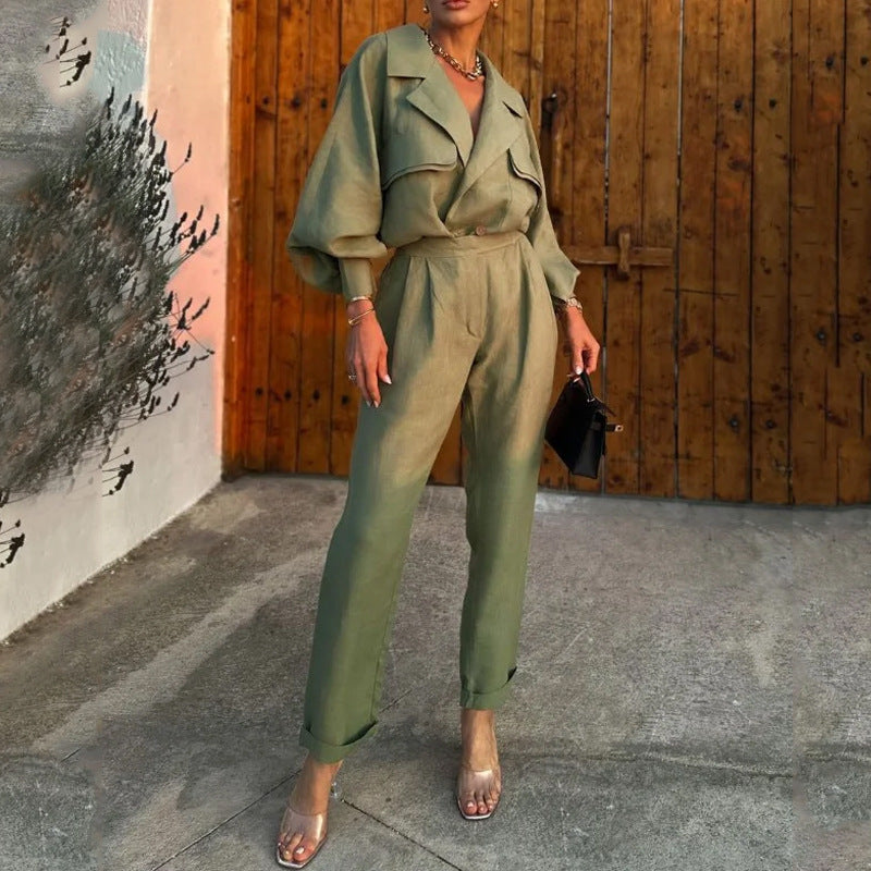 Women's Outfit - Relaxed Fit Top with V-Neck - Skinny Trousers - Nocini