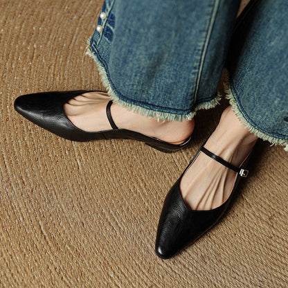 Ladies Slim Pointed-Toe Slip-On Shoes with Buckle Strap
