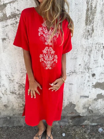 Casual Embroidered Short Sleeve Midi Dress