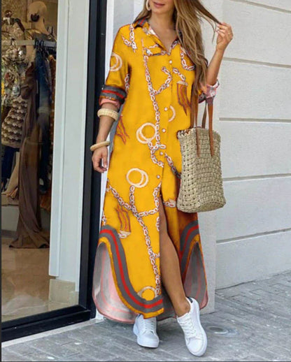 Ladies Long Button Front Dress - Floral Print - Casual Style