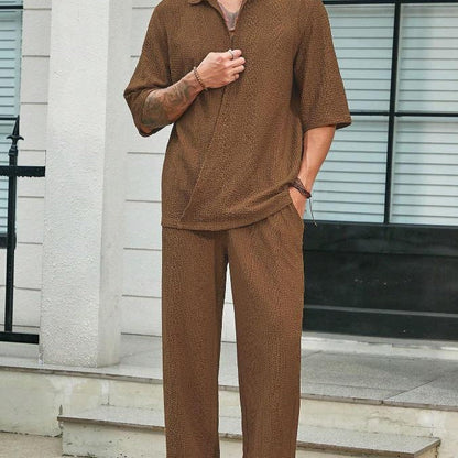 Casual Mens Pants Shirt Set Comfort Fit