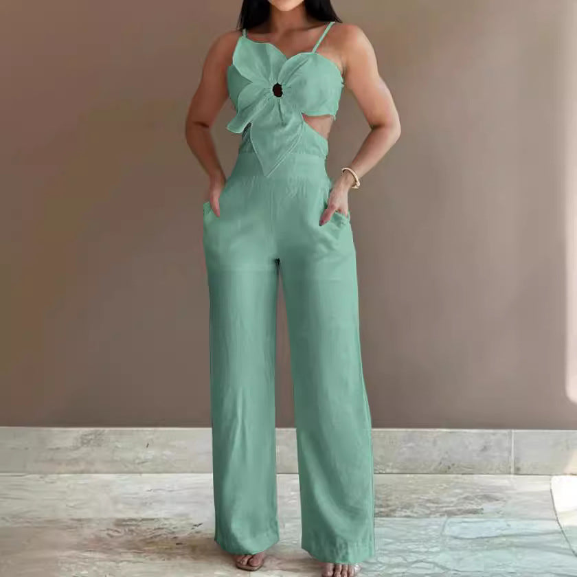 Loose Fit Wide Leg Women's Jumpsuit with Open Back